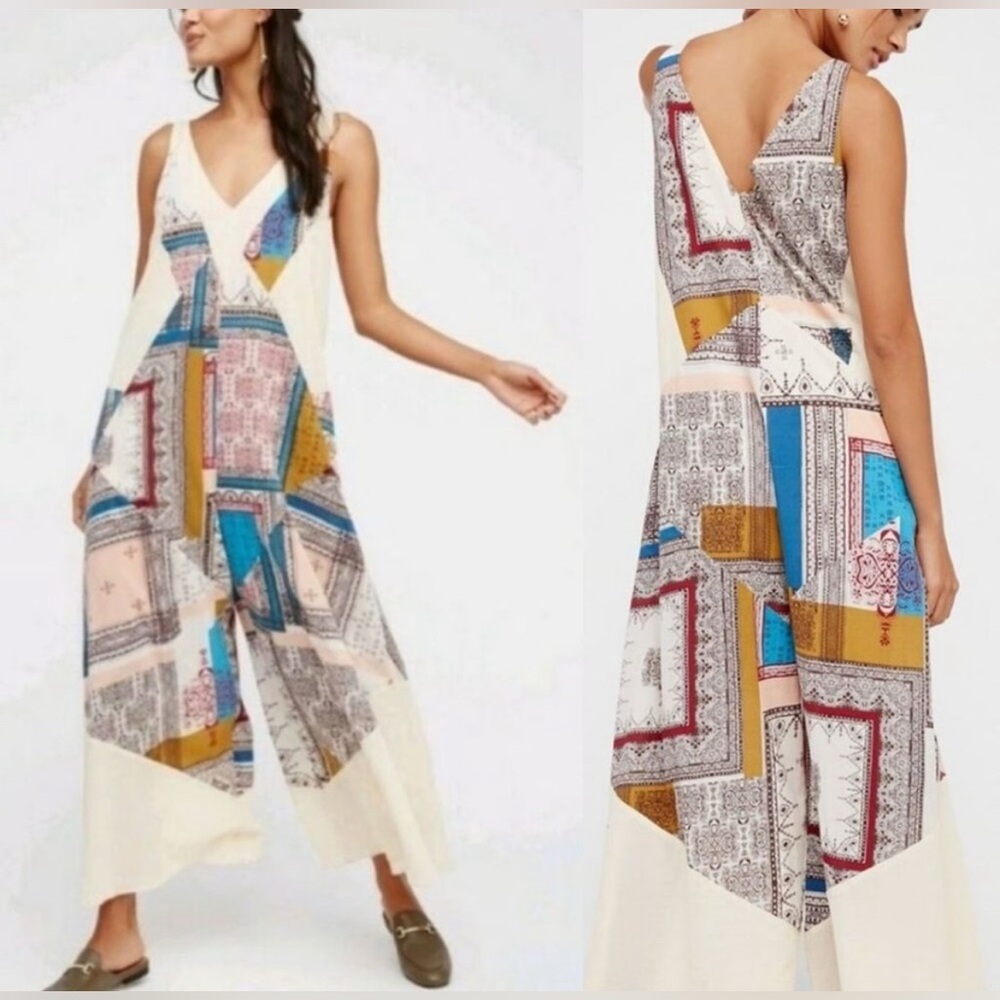Free People Patchwork V-Neck Wide-Leg Jumpsuit in Cream, Blue, Mustard, Red
